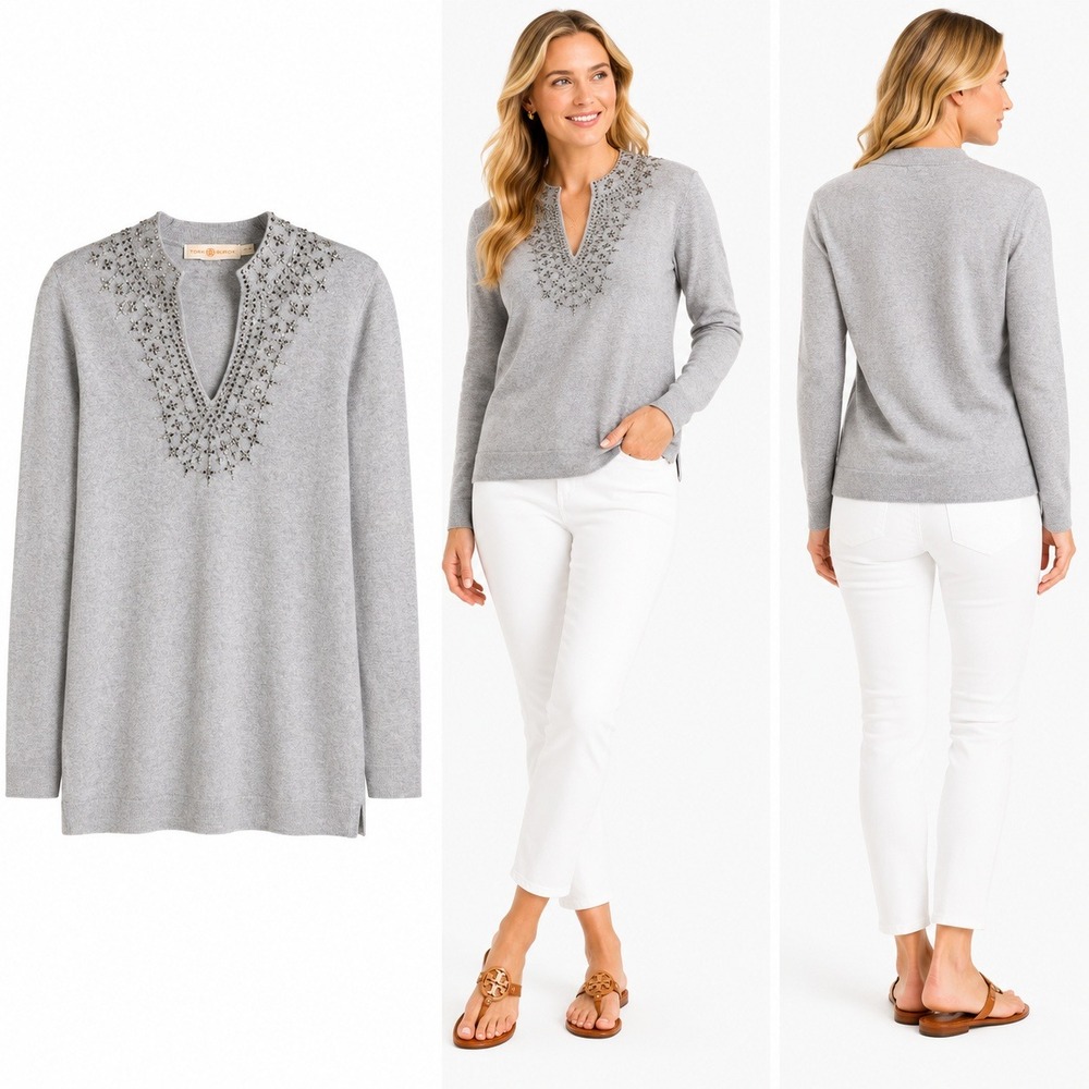 Tory Burch Sweater Womens XS Grey Embellished Split Neck Tunic Crystal Stud Knit